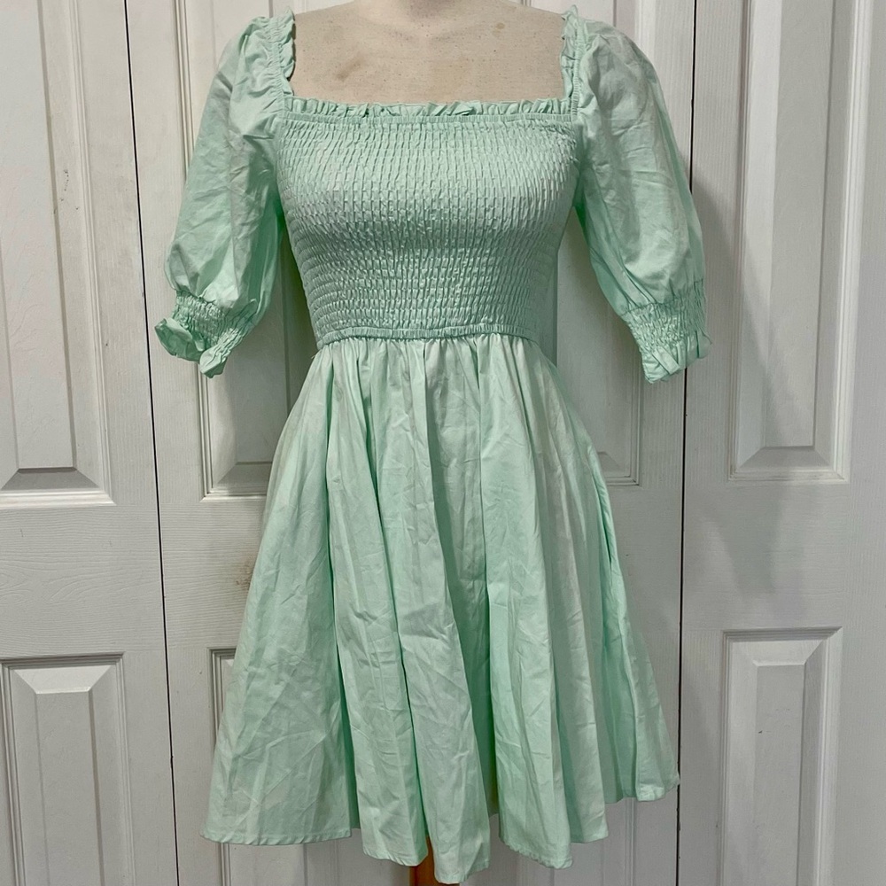 Blue Rain Light Green Turquoise Smocked Mini Dress